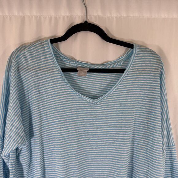 Chico's 100% Linen Blouse Women's 2 Large Blue White Striped Vneck 1/2 Sleeve - Picture 2 of 9